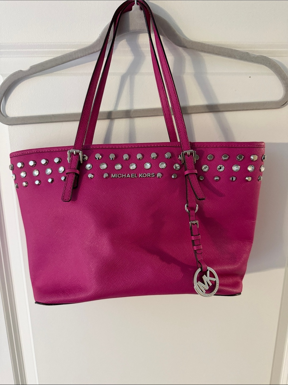 Michael Kors Hot Pink Studded Tote with Silver Accents